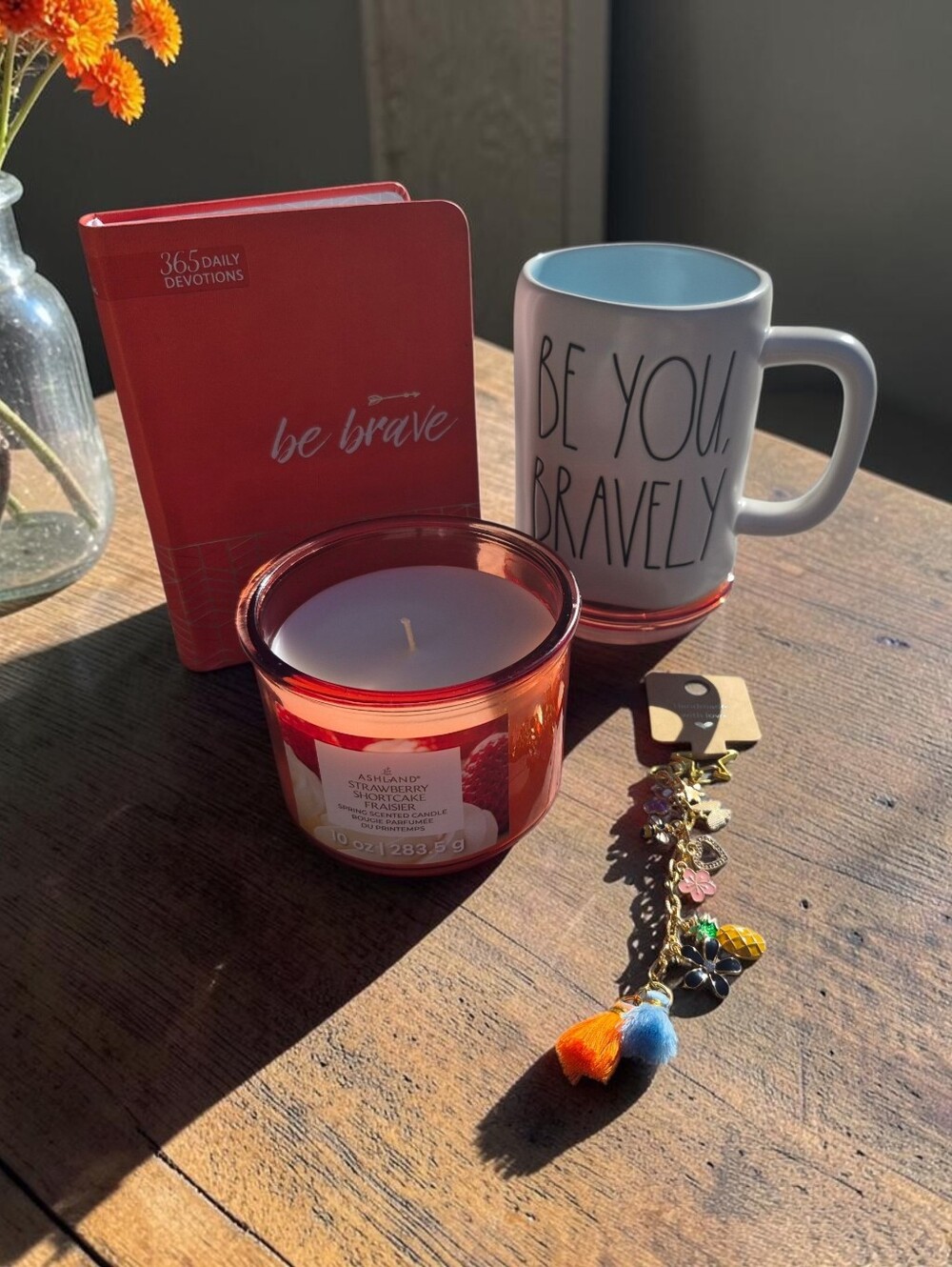 BRAVERY BUNDLE: 'Be Brave' Devotional,Mug,Strawberry Shortcake Candle,Bag Charm